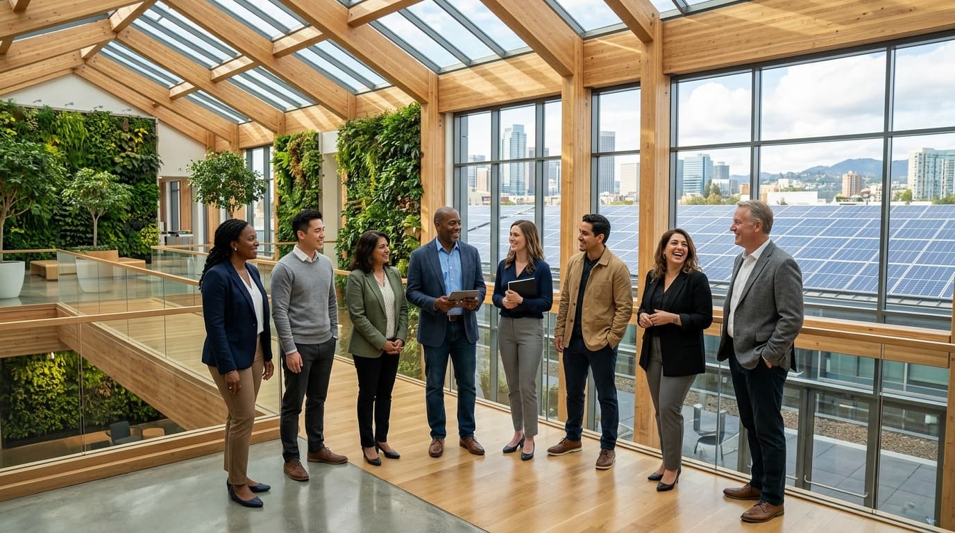Solara Energy Leadership and Engineering team in solar-equipped eco atrium