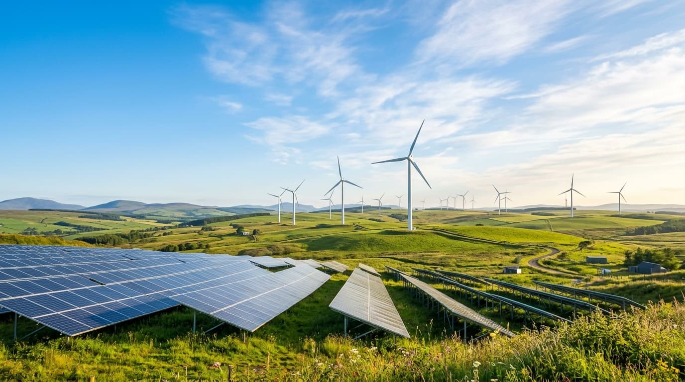 Solara Energy renewable energy solar panels and wind turbines on green rolling hills