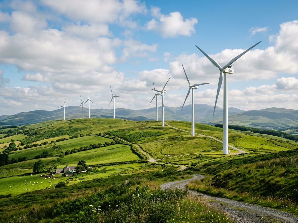 High-yield wind turbines on green landscape