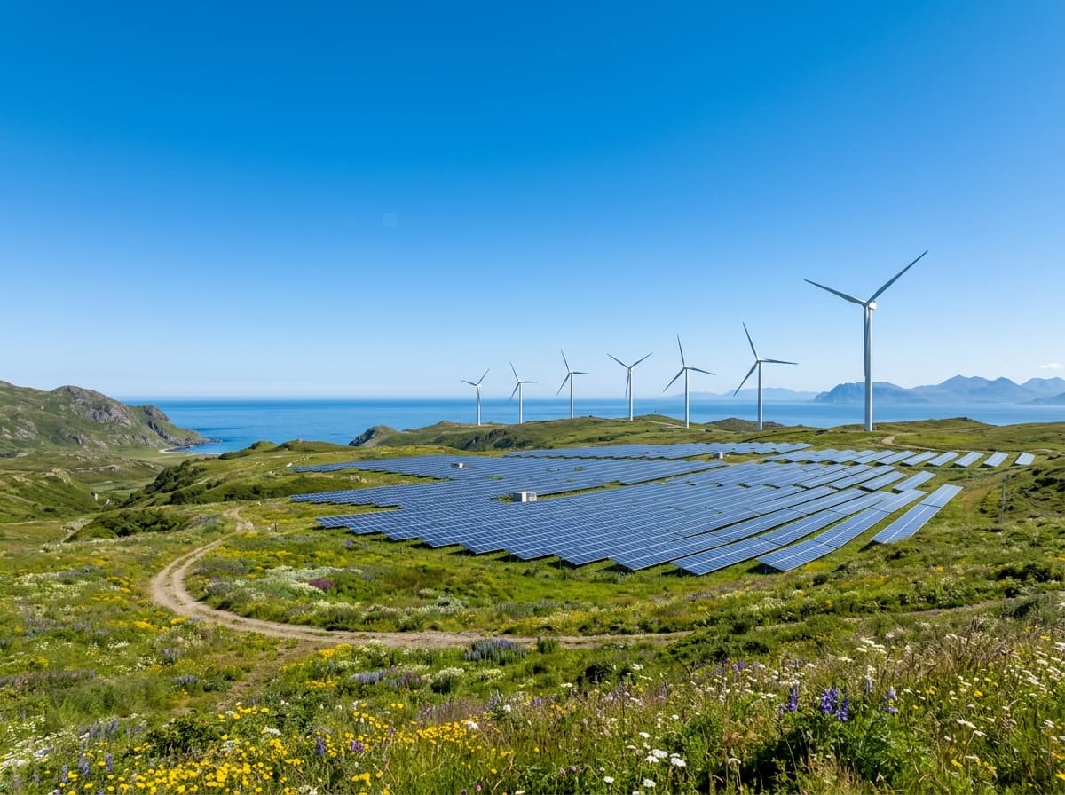 Clean wind and solar farm generating zero-emission electricity