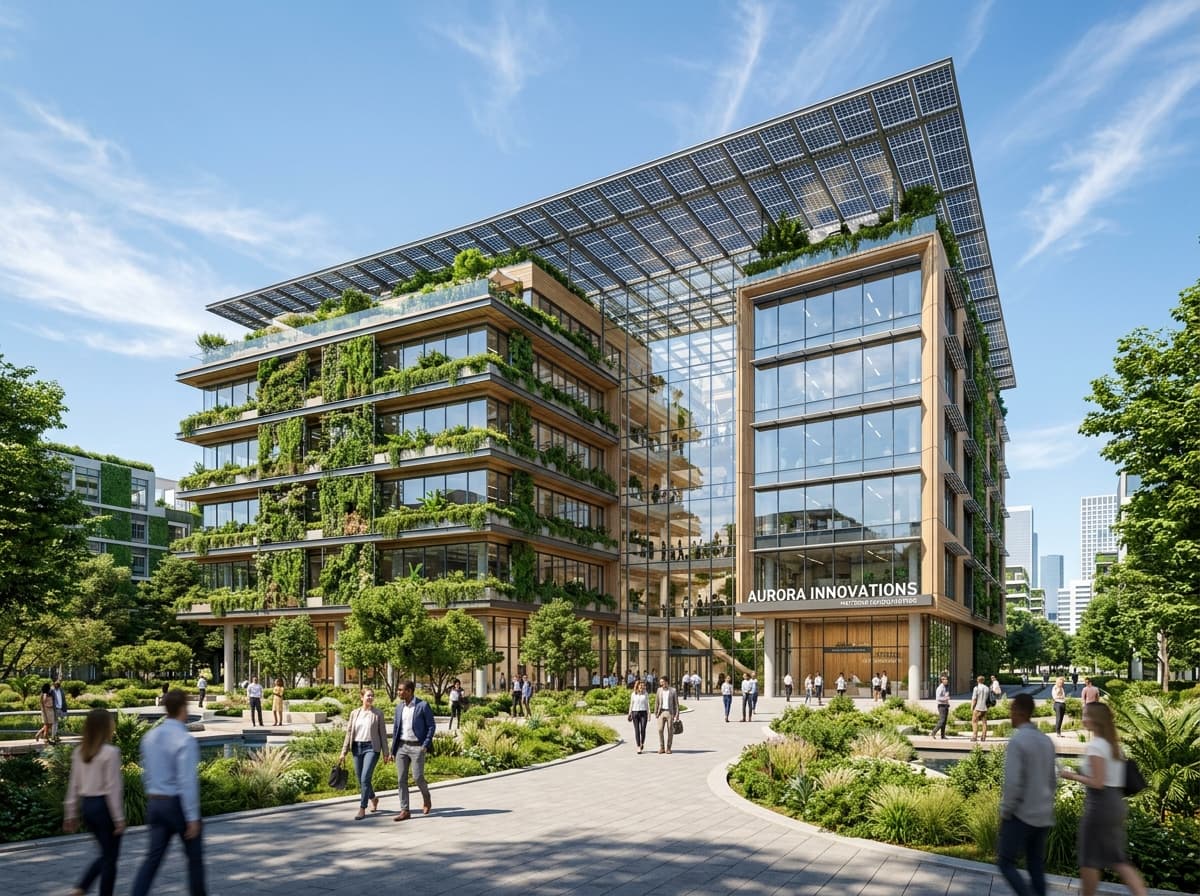 Modern sustainable enterprise headquarters with green architecture